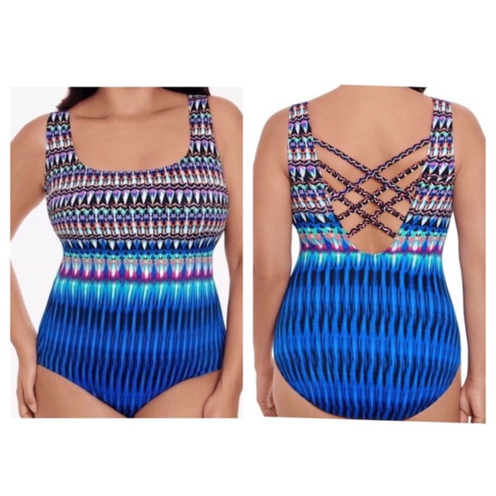 SWIM SOLUTIONS Women's Printed One-Piece Swimsuit Colorful Long Torso Size 8 NWT